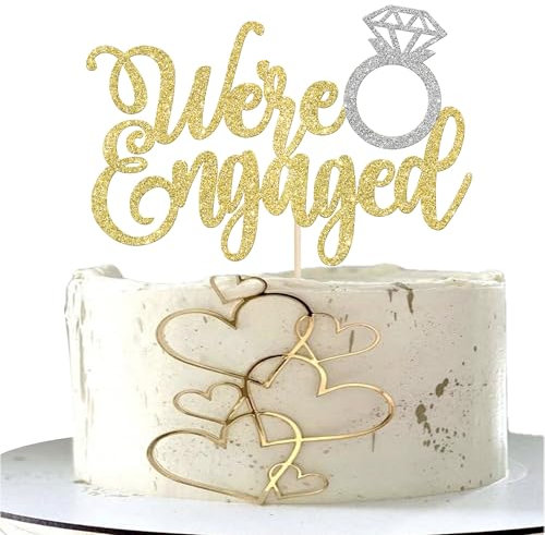 Rsstarxi 1 Pack We're Engaged Cake Topper Silver Ring Glitter Gold Bridal Shower Cake Pick for Wedding Engagement Theme Party Cake Decorations