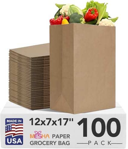 MESHA Paper Grocery Bags 12 x 7 x 17 Inches 100Pcs Bulk, Heavy Duty 60 Lbs Kraft Brown Paper Bag, Large Grocery Kraft Sacks -Takeout, Restaurant, Retail, Shopping