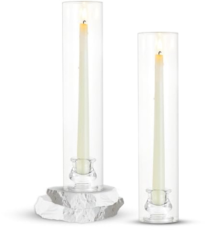 Glaszylinder für Kerzen Kerzenhalter - Satz von 2 Kerzenständer - Stabkerzen Stabkerzenhalter mit Abnehmbarer Glasabdeckung - Kegelkerzenhalter für Tafelaufsatz Hochzeit Veranstaltung Heimdekoration
