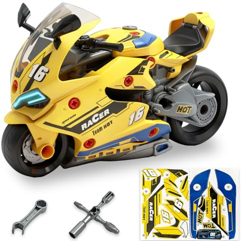 Poakkus Take Apart Motorcycle Toys Kit, Motorcycle Model Toys for Kids Mechanic,Motorcycles Toy with Light, Sound & Spray for Toddlers 3+ Kids,Interactive Toy Engine Building Kit, Yellow
