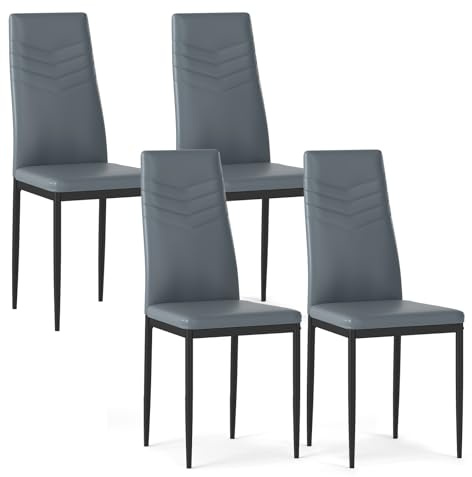 GiantexUK Dining Chairs Set of 4, Upholstered Kitchen Chairs with High Backrest, Metal Legs & Non-Slip Foot Pads, Breakfast Side Seating for Home Living Room (PVC, 40 x 47 x 98cm, Grey)