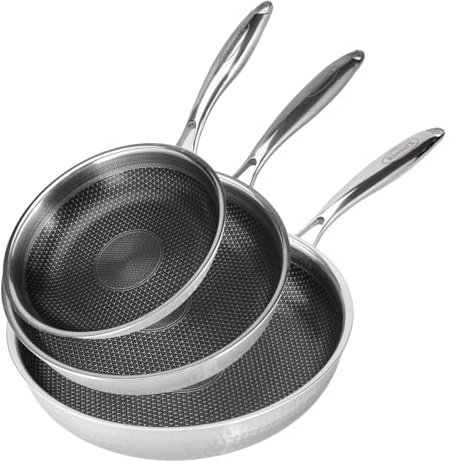 RisenutX Hybrid 8 10 12 inch Stainless Steel Non Stick Skillet set,Frying Pans Nonstick, PFOA Free Cookware, Dishwasher and Oven Safe, Induction Compatible