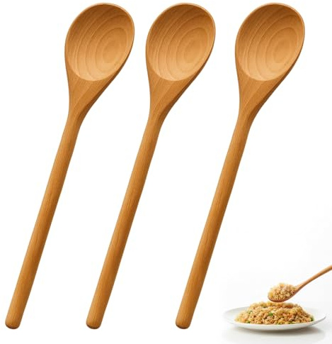 3Pcs Wooden Spoons for Cooking, Long Handle Wooden Spoons, Natural Wood Long Handle Round Spoons, Wooden Cooking Spoon, Reusable Wooden Kitchen Spoons for Eating Mixing Stirring with Box