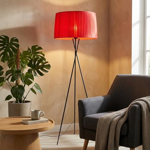 BARCELONA LED Lámpara de Pie Trípode PRON E27 con Pantalla de Algodón Plisada Ø60 cm, Base de Aluminio Rojo, Lámpara de Suelo Diseño Nórdico Moderno para Salón Dormitorio Oficina, Cable 2,25 m