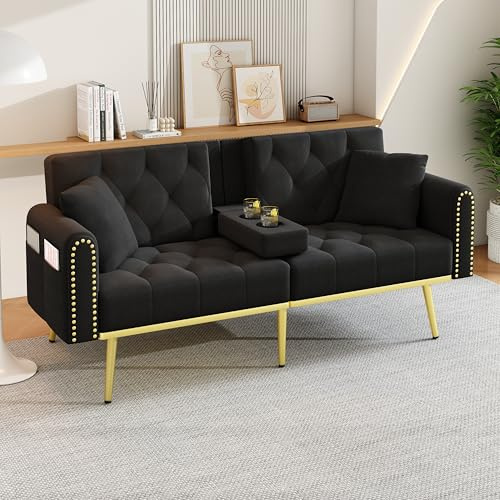 Oxtao Doppelt ausklappbares Schlafsofa mit Liegefunktion, DREI verstellbaren Neigungswinkeln und Getränkehalter. Geeignet für Wohnzimmer, Schlafzimmer, Heimkino oder Gästezimmer(Schwarz-A)