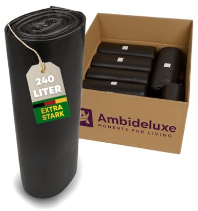 Ambideluxe Bolsas de basura extrafuertes, 240 L, 12 rollos, bolsas de basura resistentes para el hogar, jardín y comercio, resistentes a roturas y perforaciones, gran capacidad