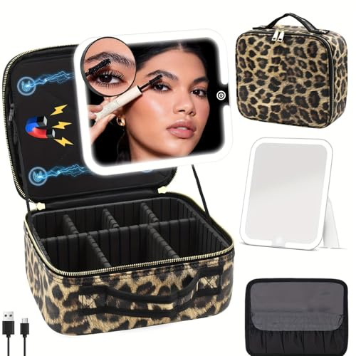 WITFAMILY Kosmetiktasche mit Spiegel，Schminkkoffer mit 1/10x Spiegel und 3 Farbe Licht, Schminktasche mit Aufbewahrung von Make-up-Pinseln，Travel Makeup Bag für Frauen (Leopard Tattoo)
