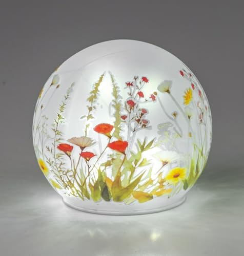 formano LED Deko Kugel Glas Blumenwiese 12 cm Matte Glasleuchte mit Blumen-Dekor - Timer 6h/18h, batteriebetrieben (3× AA), stimmungsvolles Ambientelicht für Tisch, Fensterbank & Regal