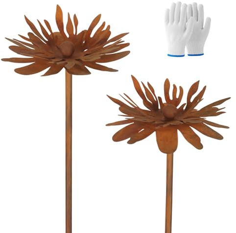 2er Set Rost Deko für Garten, Gartendeko Rost mit Handschuhe, Gartenstecker Metall Blume Chrysantheme, Gartendeko Für Draußen Wetterfest, Topfstecker Naturrost, Beetstecker Topfstecker (Chrysantheme)