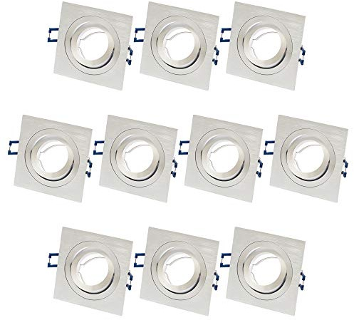 10x ALU Einbaustrahler GU10 Set – 10 Stück Aluminium Einbaurahmen Eckig in Silber gebürstet Optik Inkl. GU10 Fassung für LED oder Halogen Leuchtmittel, 30° Schwenkbar, Eckig, 230V