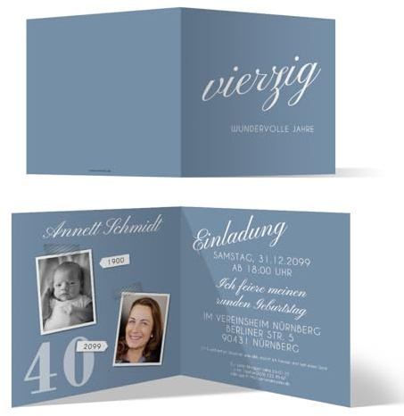 Runder 40. Geburtstag personalisierte Einladungskarten ab 10 bis 100 Stück selbst gestalten - vierzig wundervolle Jahre - Klappkarte, zwei Fotos, dickes Papier