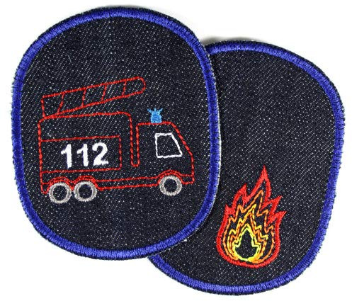 Flicken zum aufbügeln Feuerwehr 2 Bügelflicken 10 x 8cm Rettungswagen Hosenflicken Feuerwehrauto Knieflicken Aufbügler Fahrzeug 112 Bio Jeansflicken