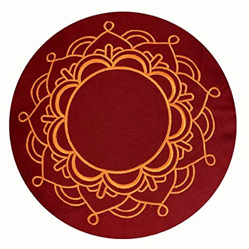 Yogakissen Meditationskissen rund Stickerei Prana oder Lotus - Sitzhöhe 12cm - Waschbarer Bezug aus Baumwolle - Yoga Sitzkissen mit Bio-Dinkelspelzfüllung (Prana buddhistisch rot)