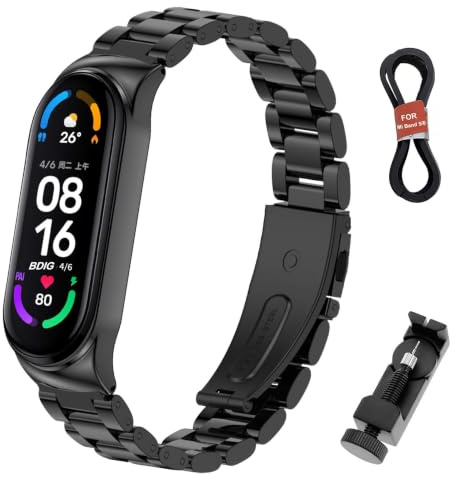 BDIG Kompatibel für Xiaomi Mi Band 5 Armband, Metall MiBand 6 Ersatzarmband Wasserdicht Edelstahl Replacement Wrist Strap Zubehör Uhrenarmband für Xiaomi Mi Smart Band 6/5, Schwarz