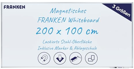 FRANKEN Magnetisches Whiteboard 200 x 100 cm, Magnettafel mit lackierter Stahl-Oberfläche, Schreibtafel inkl. FRANKEN Marker & Ablageschale, Für Büro, Home Office & Schule, Aluminiumrahmen, X-tra!Line