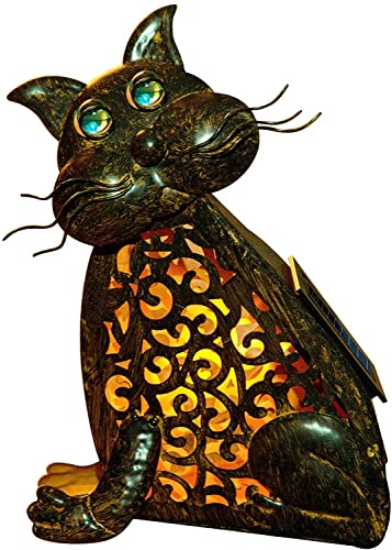 JAYXC HOME Cat Lamp 3D Solar Garden Decorations Lights Christmas Yard Feline Metal Figures Outdoor Zen Welcome Animal Statue Halloween Night Home Patio LED Tail Novelty Vintage Lucky Shaped Accent