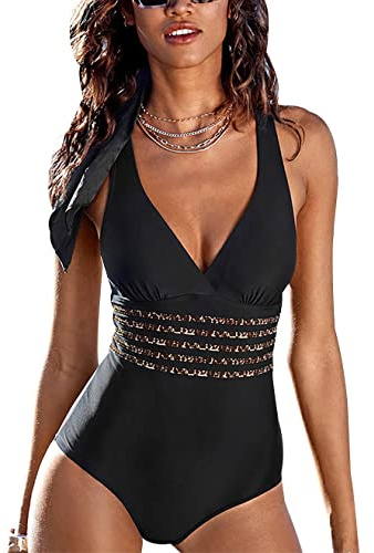 Maillot de Bain 1 Piece Femme 1 Pieces Amincissant Leopard Bikini Monokini Swimsuit Trikini Maillot 1 Pièce Ventre Plat Maillot de Bain Natation Une Piece Une Pièce Piscine Surf Femme Gainant Noir M