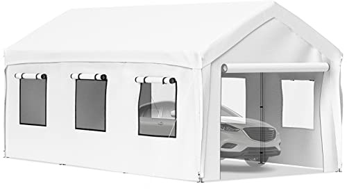 VEVOR Carpa Garaje para Coche 3 x 6 m Cochera Portátil Impermeable con 8 Postes Paredes Laterales y Ventanas Marco de Acero Carpa Pérgola Tela PE de 3 Capas Altura Ajustable 2,5-3 m para Barco Blanco