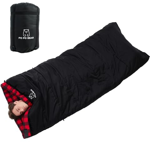 PO PO BEAR Zero Degree Sleeping Bag for Adults 100% Cotton Flannel Tall and Big (Black, 84 x 40 Right Zip)