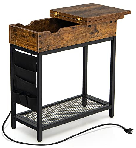 LIFEZEAL Beistelltisch mit USB & Steckdosen, Nachttisch mit Klappplatte, Schmaler Tisch mit Ablagefach und Seitentasche aus Stoff, Sofatisch für Wohnzimmer und Schlafzimmer, Vintage-Braun