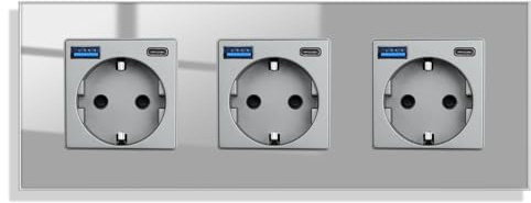 JIMEIDA Steckdose Glas mit USB 20W Schnelles Laden in Grau Unterputz,3 Fach 16Amp Steckdosen mit USB A und Type C max.3.1A,228 * 86mm,250V
