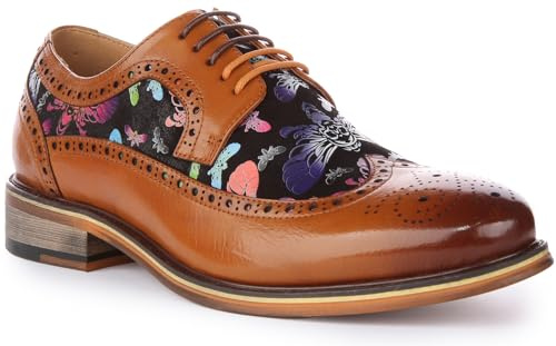 JUSTINREESS ENGLAND Otis mäns snörning fjäril tryck läder brogue skor, Brun, 40.5 EU
