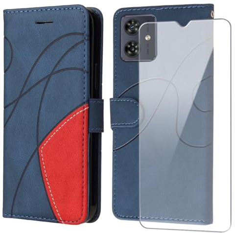 FHSYCR Funda para Motorola Moto G54 5G con 1 Piezas Cristal Templado, Carcasa Cartera de PU Cuero Multifunción Flip Case, [Cierre Magnético] [ Ranura Tarjeta] [Función Soporte]-Azul