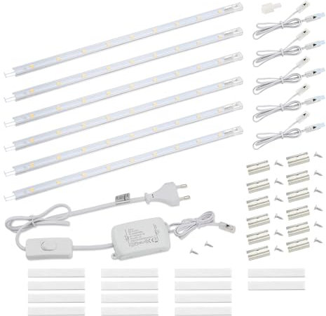 Infälld LED-lampa med strömbrytare från da LIGHT, 8,5 W, 760 lm, 3 000 K, varmvit ljuslist, kökslampa, vitrinbelysning, skåpbelysning med 6 x remsor på 26 cm, för kök och skåp, utbyggbar med