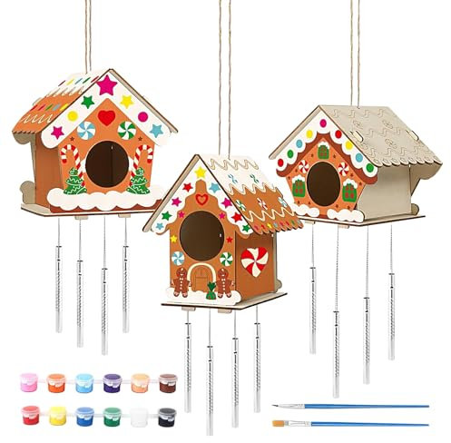 Kit de casa de pájaros, kit de casa de manualidades para decoración del hogar, con 12 pinturas, 2 pinceles, 2 cordeles, 3 chips de madera de amor para manualidades de madera Bellv