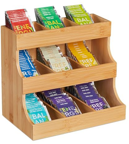 Relaxdays Scatola Organizer 9 Scomparti Porta Bustine da Tè e Tisane, HLP 24 x 27 x 17,5 cm, Cassetta in Bambù, Naturale