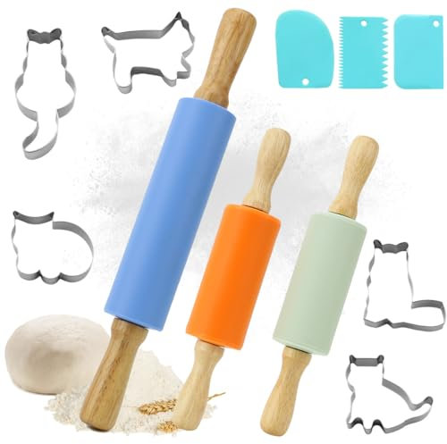 3 Nudelholz Silikon,Teigroller Kinder Klein und Groß, Wellholz Rollen für Kinder Erwachsene - 1 Backrolle 38cm, 2 Teigroller Klein, 5 Ausstecher,3 teigschaber als Backzubehör Backset Geschenk
