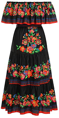 IWEMEK Abito messicano da donna con spalle scoperte, abito lungo con cintura estiva boho cinco de mayo giorno dei morti abito da festa Halloween Carnevale, Nero , S