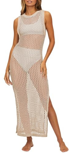 Viottiset Damen Lange Häkeln Badeanzug Cover Up Cut Out Ärmellose Strandkleid Seite Split Strick Bikini Aprikose XL