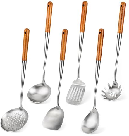 FJNATINH Wok Spatula, Ladle, Slotted Spoon and Serving Spoon Set, 43.2 cm, 6 Pieces Wok Shovel Set, 304 Stainless Steel