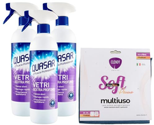 SET PULIZIA: 3x Quasar Detergente, VETRI Con EXTRA PROFUMO. Senza Aloni, Asciuga Rapido, Freschezza Quotidiana 580ml + IN OMAGGIO 1 Panno In Microfibra SOFT, Panno Multiuso (Colori Assortiti)