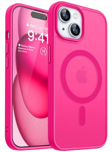 CANSHN Coque Magnétique pour iPhone 15 6,1 Pouces, Compatible avec MagSafe,[Toucher Doux et Soyeux] Fond Mat Translucide - Rose Vif