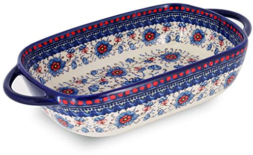 Fuente de Horno de cerámica y Porcelana para Horno, cazuela pequeña con Asas, Utensilios para Horno, Flor Azul, rectángulo, 700 ml