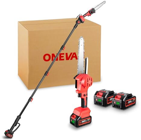 ONEVAN Akku Hochentaster und Astschere mit Teleskopstiel, 4-in-1, Bürstenlos 6 Zoll Akku Kettensäge + 15mm Akku Baumschere + 260mm Teleskopstange, 180° Einstellbarer Winkel, mit 2 4.0Ah Akkus