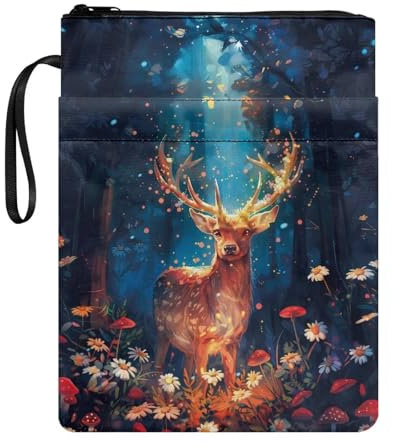 Wanyint Buchhülle, waschbarer Stoff, Buchschutz mit Reißverschluss, 29 x 22 cm, Buchhülle für Buchliebhaber, Klassenkameraden, Freunde, Hirsch, Gänseblümchen, Pilzwald