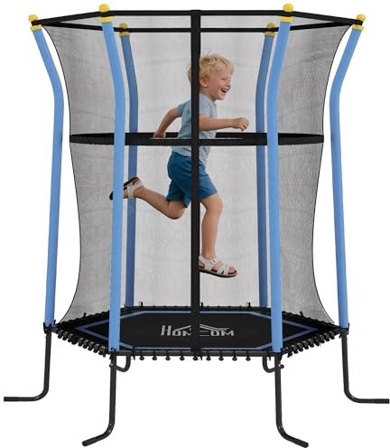 HOMCOM Cama Elástica Infantil de Jardín Ø163,5x190 cm Trampolín para Niños de +3 Años con Red de Seguridad Marco de Acero y sin Muelles para Interior Exterior Carga 50 kg Azul