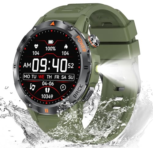 FATONIO Smart Watches for Men (Answer/Make Call) with Flashlight Military Grade Compatible for Android & iPhone Waterproof with Blood Pressure/HeartRate/Sleep/120+ Sport Modes, Army Green