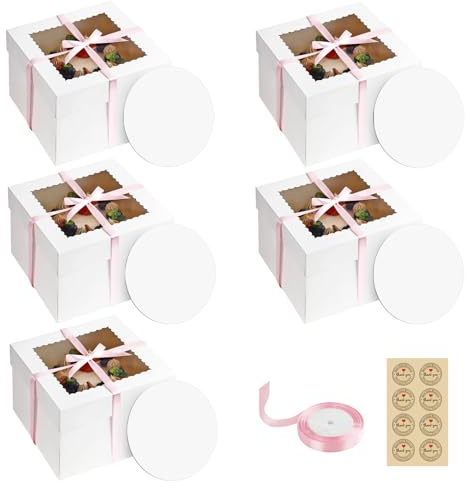 5 st vit fyrkantig tårtlåda, LIUCONGBD tårttransportlåda med rosa bandklistermärken, tårttransportlåda med transparent fönster för födelsedagar, fester, bröllop, årsdagar (25,4 x 25,4 x 20,3 cm)