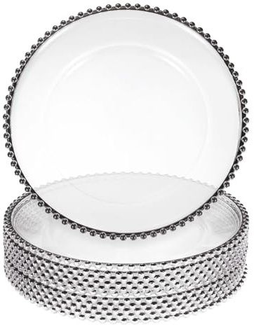 sourcing map Clear Charger Plates Bulk,13 Round Black 12pcs | Plastic,Charger Plates Bead Trim Dinner Dessert Plate for Wedding Party Event Table Setting Decoration