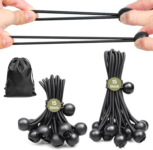 Moinkerin 30 Stück Spanngummis mit Kugel,10&15cm,UV-beständig & wetterfest | Naturlatex-Kern für flexible Spannung, ideal für Planen, Pavillons, Sonnensegel, Banner, Anhänger und Camping