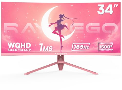 Raywego 34 Inch Pink Curved Ultrawide Gaming Monitor, UWQHD 165Hz, 1500R