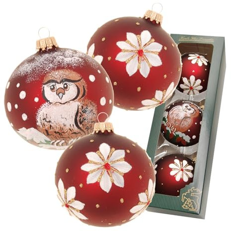 Krebs Glas Lauscha Weihnachtsdekoration/Christbaumschmuck aus Glas - Weihnachtskugeln - Motiv: Weihnachtsland Burgunder - 3 Stück - Größe: ca. 8 cm