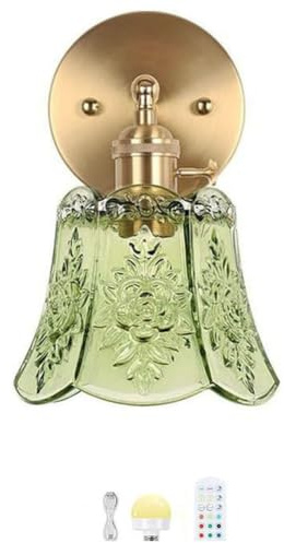 LOGT E27 Retro Wandleuchte Innen Akku Wandlampe Dimmbare mit Fernbedienung 7 RGB Farben Nachttischlampe mit Grüner Glasschirm Bettlampe Vintage Industrielle Leselampe für Schlafzimmer,1pac