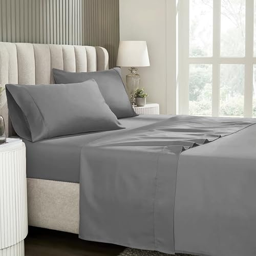 Juego de Sábanas Lisas de Microfibra Cepillada Extra Suave – Resistente a las arrugas y decoloración – Fácil planchado – Bajera Ajustable, Encimera y 1 Funda de Almohada (Gris Oscuro, Cama 90 cm)