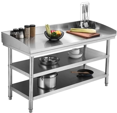 Banco da lavoro in acciaio inox con recinto, design curvo a tre ripiani, tavolo da preparazione anticaduta per tavolo da cucina in metallo, 100 x 50 x 80 cm, elegante piano di lavoro