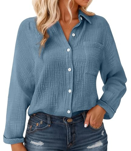 Generisch Musselin Bluse Damen Langarm Leinenbluse mit Taschen Revers Einreihige Leinenhemd Elegant Einfarbig Longshirt Weiche Baumwoll Langarmshirt für Frühling, Sommer und Herbst Button-Down Hemd